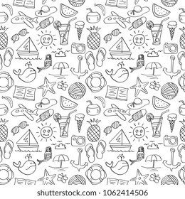 Seamless doodle summer creative hand drawn of banana, fish, mermaid, cocktail, ice cream, glasses, pineapple, anchor, and beach.