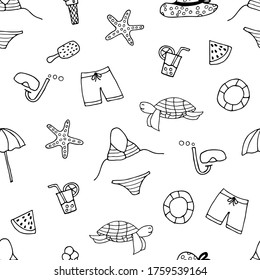 Nahtlose doodle Sommermuster-Design in Vektorgrafik auf weißem Hintergrund. Handgezeichnetes, nahtloses Sommermuster