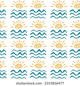 Seamless doodle Summer Pattern. Geometric abstract Background with hand Drawn Sea waves and sunshine. Summer holiday concept