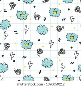 Seamless doodle summer pattern. Vector background with cloud, lightning and different elements. Design for prints, shirts and posters.