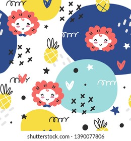 Seamless doodle summer pattern. Vector background with girl, pineapple and different elements. Design for prints, shirts and posters.
