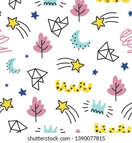 Seamless doodle summer pattern. Vector background with tree, star and different elements. Design for prints, shirts and posters.