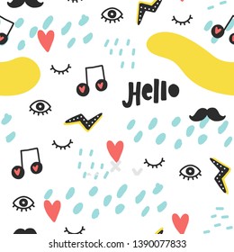 Seamless doodle summer pattern. Vector background with eye, stain and different elements. Design for prints, shirts and posters.