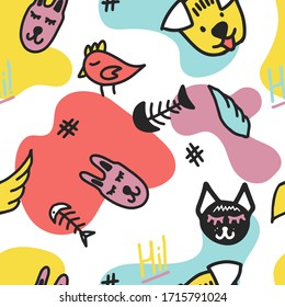 Seamless doodle summer pattern. Vector background with cat, dog and different elements. Design for prints, shirts and posters.