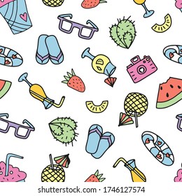 Seamless doodle summer pattern. Vector background with cactus, camera and different elements. Design for prints, shirts and posters.