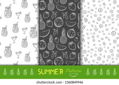 Seamless doodle summer patterns set with lemons, limes, oranges, cocktail, watermelons, ananas, bananas, strawberries. Monochrome textures. Vector.