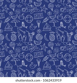 Seamless Doodle Summer Vacation Objects On Blue Background.