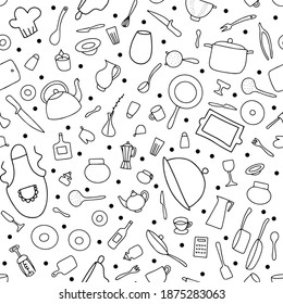 Seamless Doodle tableware vector pattern. Outline dishes isolated on white background. Cooking pots, pans, food plates, cutlery, tea kettle, coffee cup, chefs clothes. Hand-drawn cute Kitchenware set