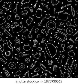 Seamless Doodle tableware vector pattern. Outline dishes on black background. Cooking pots, pans, food plates, cutlery, tea kettle, coffee cup, chefs clothes. Hand-drawn chalkboard Kitchenware set