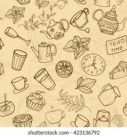 Seamless doodle tea pattern on beige background in brown outline style, vector illustration