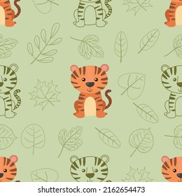 Seamless doodle tiger and leaf outline cartoon pattern