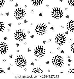 Seamless doodle trendy pattern with cartoon eyes, stars and hearts. Teenage style background. Modern abstract fashion print