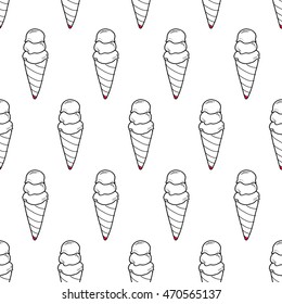Seamless doodle triple cone pattern, hand-drawn monochrome background, ice-cream black and white vector, ice cream sketch background, EPS 8