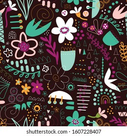 Seamless doodle vector background abstract shapes collage black white teal purple yellow. Modern pattern design with flowers, hearts, elements for fabric, textile, wallpaper, postcards, kids decor