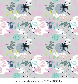 Seamless Doodle vector hand-painted pattern. Ovals, lines, strokes, and dots. Stylish pastel colors and modern graphics. Suitable for Wallpaper, textiles, covers and other decoration materials.