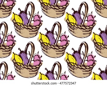 Seamless doodle vector pattern with  basket.Autumn vegetables illustration. Vector background.