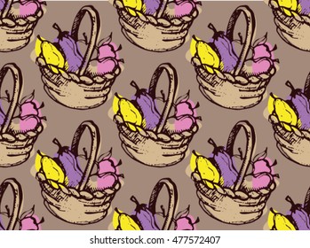 Seamless doodle vector pattern with  basket.Autumn vegetables illustration. Vector background.