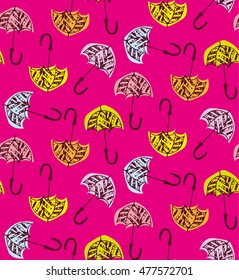 Seamless doodle vector pattern with  color umbrella.Autumn illustration. Vector background. Cute autumn seamless pattern with a set of textured flat umbrellas