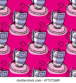 Seamless doodle vector pattern with cups. Autumn illustration. Vector background.