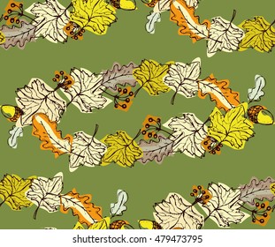 Seamless doodle vector pattern with different color leaf. Autumn illustration. Vector background.