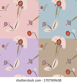 Seamless Doodle vector pattern hand painted. Stylish plants flowers of unusual shape graphic on a pastel background. Suitable for Wallpaper, textiles, covers and other design materials.