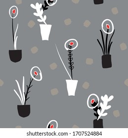 Seamless Doodle vector pattern hand painted. Stylish graphic plants-flowers of unusual graphic shape on a dark background with dots on the field. Suitable for Wallpaper, textiles, covers and other