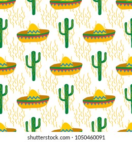 Seamless doodle vector pattern with mexican festive symbols silhouettes: cactus, sombrero