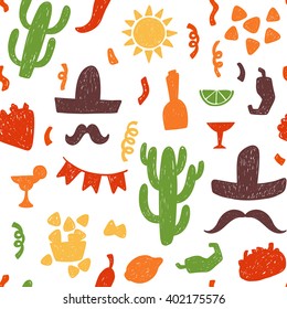 Seamless doodle vector pattern with mexican festive signs and symbols