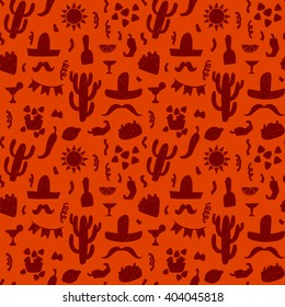 Seamless doodle vector pattern with mexican festive signs and symbols