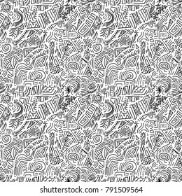 Seamless doodle vector texture - quirky tribal background.