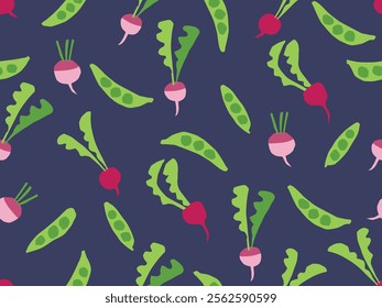 SEAMLESS DOODLE VEGETABLE PATTERN WITH GREEN PEAS, BEETROOT AND TURNIP. IDEAL FOR BABY OUTFITS, NIGHTWEAR, SLEEPWEAR, PAJAMAS SEAMLESS VEGETABLE PATTERN IN VECTOR