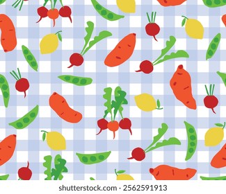 SEAMLESS DOODLE VEGETABLE PATTERN WITH GREEN PEAS, BEETROOT, LEMON AND POTATOES ON GINGHAM CHECK BACKGROUND. IDEAL FOR BABY OUTFITS, NIGHTWEAR, SLEEPWEAR. SEAMLESS VEGETABLE PATTERN IN VECTOR