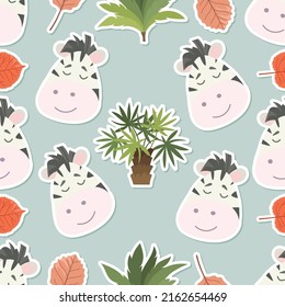 Seamless doodle zebra and leaf sticker cartoon pattern