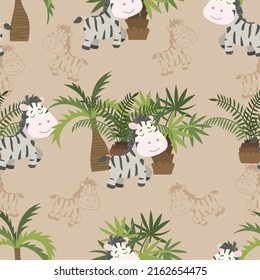 Seamless doodle zebra and palm cartoon pattern