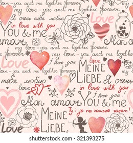 Seamless doodles background with declaration of love, flowers, cupid and hearts, vector illustration.