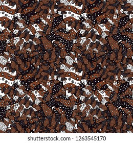 Seamless Doodles black, gray and brown on colors. Vintage. Stylish fabric pattern. Vector.