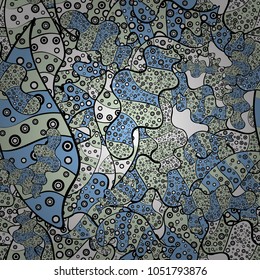 Seamless Doodles black, neutral and blue on colors. Vintage. Stylish fabric pattern. Vector.