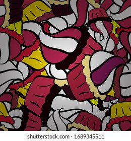 Seamless Doodles black, white and yellow on colors. Stylish fabric pattern. Vintage. Vector.