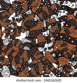 Seamless Doodles brown, black and white on colors. Stylish fabric pattern. Vector. Vintage.