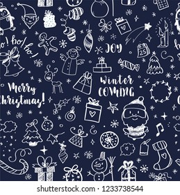 Seamless Doodles Christmas Pattern. Cartoon boundless background. Christmas tree and baubles, Santa sock, hat and beard, mistletoe, gifts, candy canes, snowman, swirls, gingerbread man, deer.