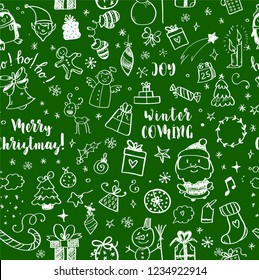 Seamless Doodles Christmas Pattern. Cartoon boundless background. Christmas tree and baubles, Santa sock, hat and beard, mistletoe, gifts, candy canes, snowman, swirls, gingerbread man, deer.