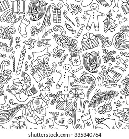 Seamless Doodles Christmas Pattern. Cartoon boundless background. Christmas tree and baubles, Santa sock, hat and beard, mistletoe, gifts, candy canes, snowman, swirls, gingerbread man, deer.