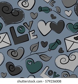 Seamless doodles and curls. Happy Valentines day or weeding vector seamless pattern. Be my Valentine stylized sketch with flower, letter and hearts in blue and gray colors.