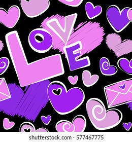 Seamless doodles and curls. Stylized background with ornaments, lettering, hearts in violet colors. Be my Valentine. Seamless pattern happy Valentines day vector design elements on black backdrop.