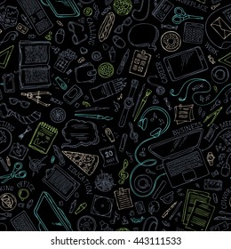 Seamless doodles education pattern on black background. Hand-drawn gadgets and office supplies, pizza, books, plants, laptop, mobile, speech bubbles. Top view. Design elements for work and education.