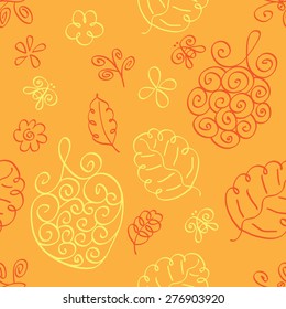 Seamless doodles floral berry pattern in orange colors. Contour raspberries and strawberries combined with leaves and flowers.