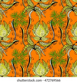 Seamless doodles flowers pattern on orange background. Floral background. Vector