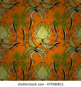 Seamless doodles flowers pattern on orange background. Floral background. Vector