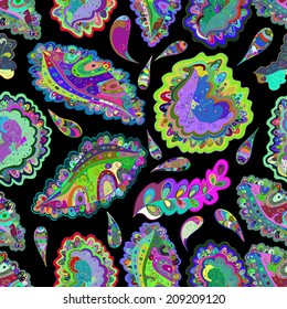 Seamless doodles on black background pattern in vector 
