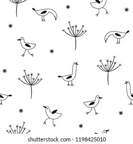 seamless doodles pattern with hand drawn  birds on a  white background
